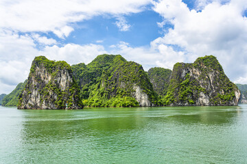 An open water view of the dramatic Ha Long Bay, Vinh Ha Long, a UNESCO World Heritage site