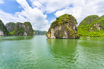 An open water view of the dramatic Ha Long Bay, Vinh Ha Long, a UNESCO World Heritage site