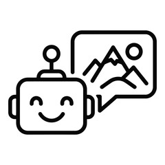 Vector icon a black line drawing of a robot with a smiley face and a speech bubble showing a mountain landscape