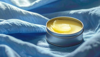 Lavender Balm in Metal Tin with Chamomile Accents on Soft Blue Fabric for Natural Skincare and Wellness Appeal
