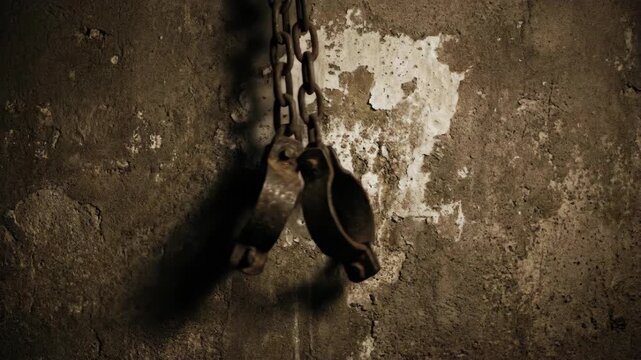 Ancient rusty shackles hanging by a chain against a crumbling wall, symbol of broken chains and freedom, dark and moody atmosphere