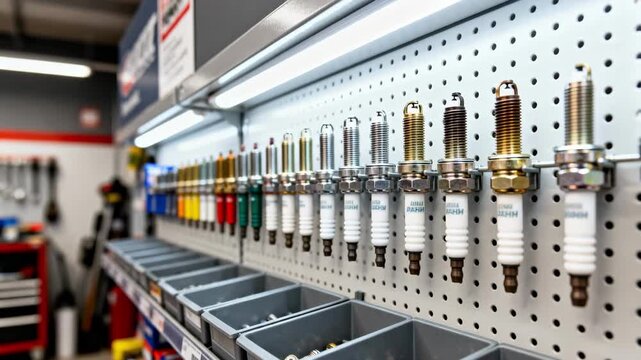 Medium shot focusing on a neatly organized display of spark plugs on a wall highlighting their variety and accessibility in an automotive parts store.