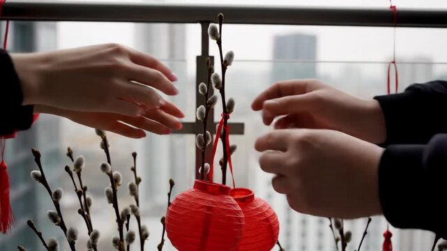 Couple decorates balcony with red lanterns and pussy willow for urban Chinese New Year celebration
