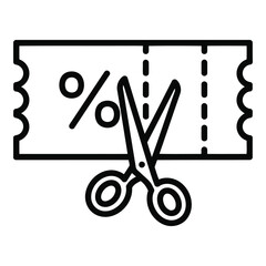 Vector icon black line icon of scissors cutting a coupon with a percent sign on it, representing discount or sale