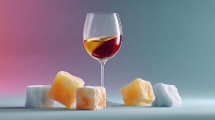 Wine glass filled with red liquid is surrounded by colorful ice blocks on a gradient background, showcasing a minimalist design with a modern aesthetic and copy space for text
