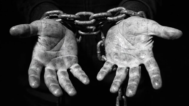Hands bound by heavy metal chains, symbolizing captivity and struggle, Hands chained together, representing imprisonment and the desire for freedom