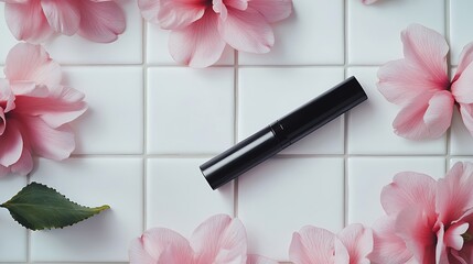 Elegant black mascara tube positioned diagonally on a white tiled surface artfully framed by soft pink camellia flowers and a single green leaf creating a luxurious and feminine