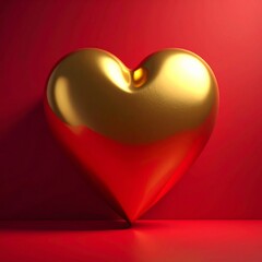 Golden Metallic Heart Symbol Resting on a Vibrant Red Background, Representing Luxury, Romance, and Valentine's Day