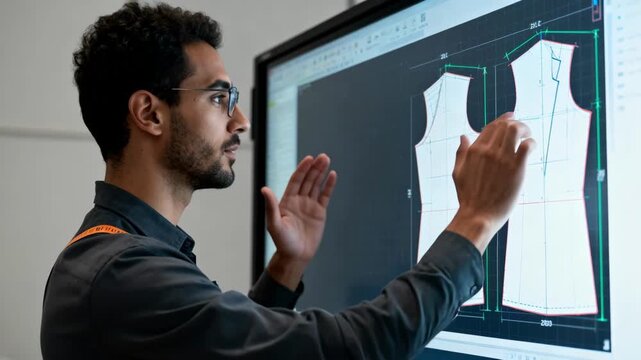 Skilled technician reviewing computeraided design CAD patterns on a large screen optimizing clothing sizes digitally for efficient production and consistency.