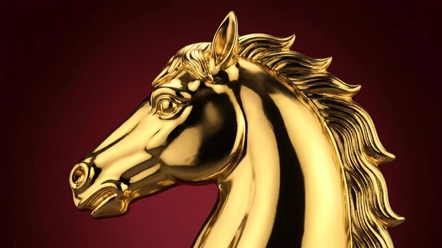 Golden Horse Sculpture Profile with Burgundy Background - Chinese New Year 2026 Symbol