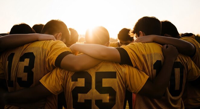 Team of young athletes standing together in unity and support during sunset
