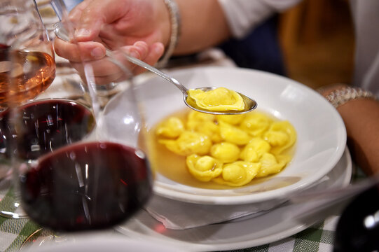Tortellini in brodo or tortellini in broth is typical food from Bologna and Emilia Romagna region in Italy