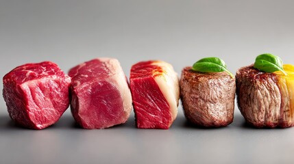 Range of meat cuts displayed in various cooking stages from rare to well done, with fresh herbs on top, against a soft gray background with copy space for text