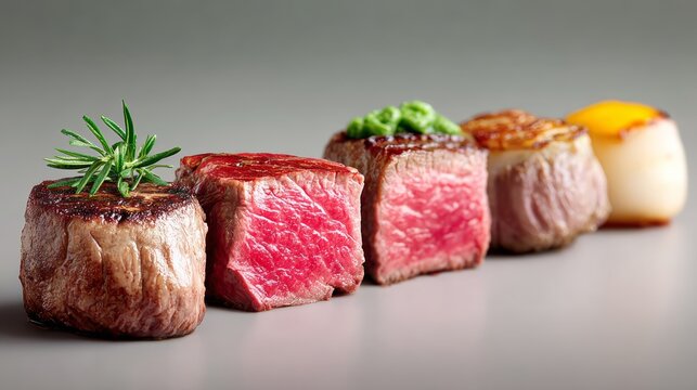 A range of beef cuts cooked to various levels of doneness, including rare, medium rare, medium, medium well, and well done, presented on a neutral background with copy space