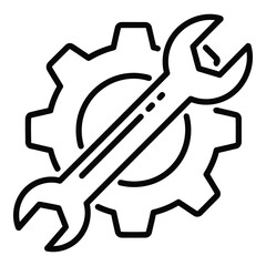 Vector icon a black and white line art illustration of a wrench crossed over a gear