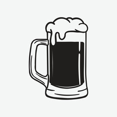 Black and white beer mug vector illustration with foam on top. Minimal line art style, perfect for bar logos, brewery branding, pub posters, menus, and alcohol-themed designs