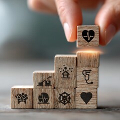 Hand stacking wooden blocks with health and life icons wellness growth