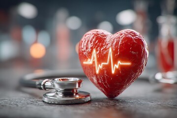 Healthy Red Heart with Glowing EKG Line and Stethoscope cardiology medical