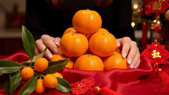 Chinese New Year Mandarin Orange Pyramid Arrangement with Kumquat and Tassels