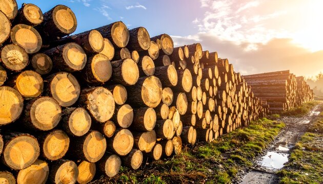 A scenic view of stacked wooden logs with a sunrise and a clear sky in the background - Powered by Adobe