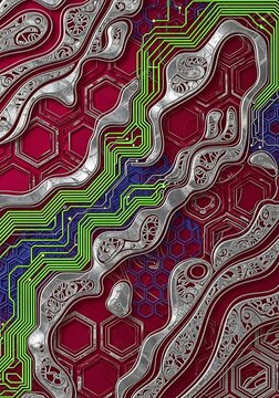 Ornate futuristic circuit board with filigree details and red hex pattern