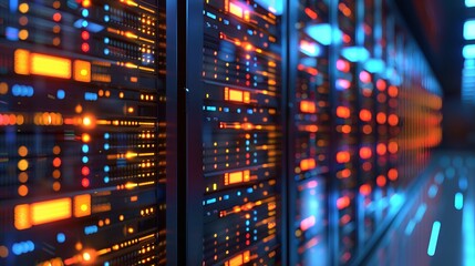 Illuminated network server rack featuring rows of led lights for optimal performance monitoring