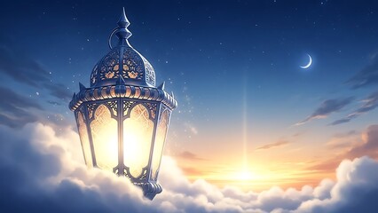 Ornate lantern glowing above clouds at sunset with crescent moon