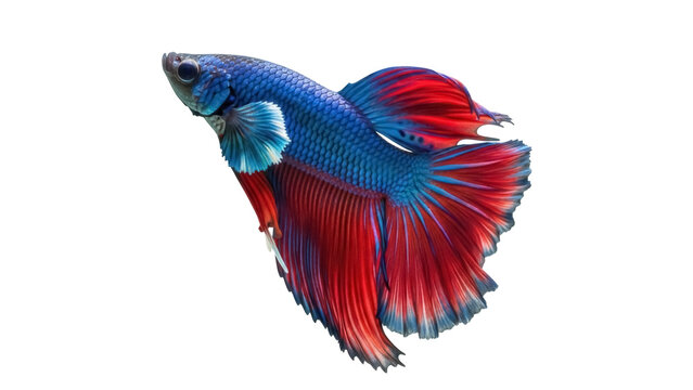 Isolated colorful betta fish with flowing fins, fancy pet in graceful swimming action