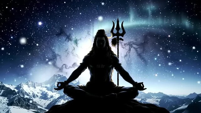 Shiva meditating under a starry sky.