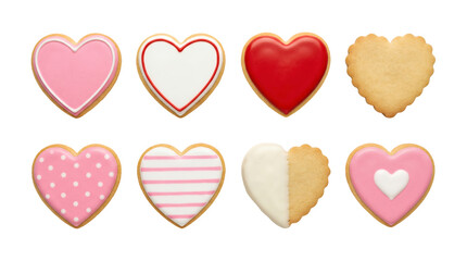 Obraz premium Heart shaped cookies set including pink, red, striped, and polka dot icing designs. Valentine day bakery and sweet treat collection.