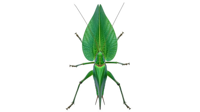 Isolated leaf insect, perfect camouflage against green foliage, resembling leaves of a tree