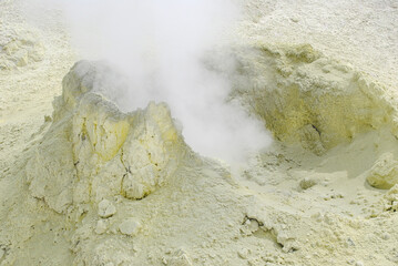 Fumarole fields on the slope of a volcano in the Kuril Islands, featuring surface openings emitting hot steam and yellow sulfur deposits.