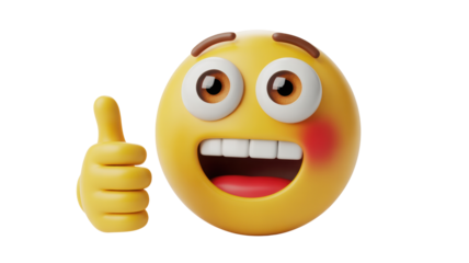 A cheerful yellow 3D emoji character with a wide toothy smile and a red blush gives a thumbs up gesture on a black background under bright studio ligh
