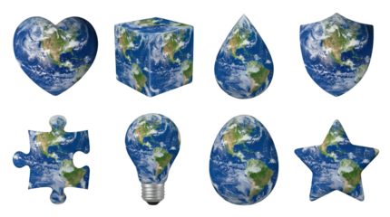 Earth globe set including heart, cube, drop, shield, puzzle, light bulb, egg, and star shapes isolated. Environmental and global concept collection.