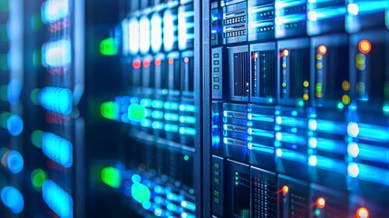 Row of network servers featuring illuminated led indicators for enhanced monitoring and performance