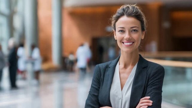 Professional Confidence: A poised professional radiates self-assurance as she confidently poses in an expansive, modern environment. Capturing her charisma and composure, ready to take on the world.
