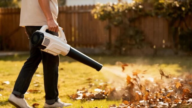 Medium shot of a handheld leaf blower in operation showcasing its lightweight design and ease of use for small yard tasks.