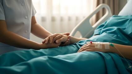Compassionate nurse holding patient's hand in hospital