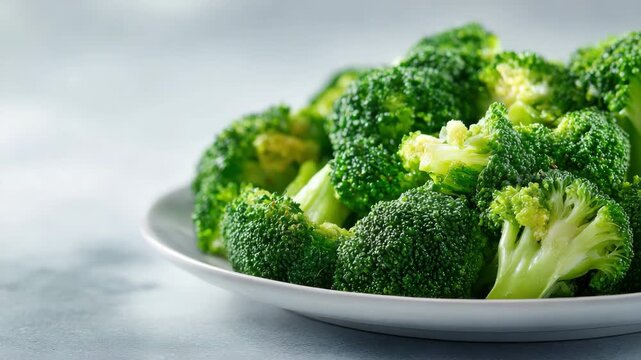 Fresh broccoli florets elegantly arranged on a plate, capturing the vibrant green hues and natural textures of this healthy vegetable.