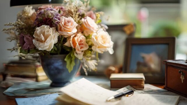 Personal touches displayed at a home funeral including handwritten notes favorite belongings and soft natural light in the background.