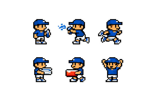 Pixel art water boy sprite sheet with six actions