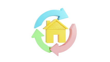 3D House Icon with Circular Arrows