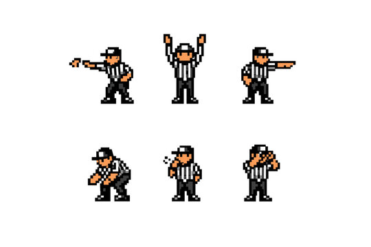 Pixel art football referee in six different actions