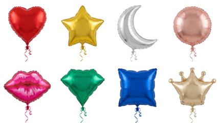 Mylar foil balloon set including heart, star, moon, circle, lips, diamond, square, and crown shapes isolated. Festive party decoration collection.
