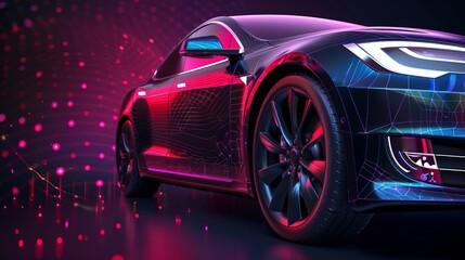 Futuristic electric black car against a holographic wireframe digital technology backdrop