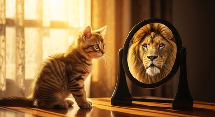 Curious kitten gazes at lion reflection in mirror on wooden table