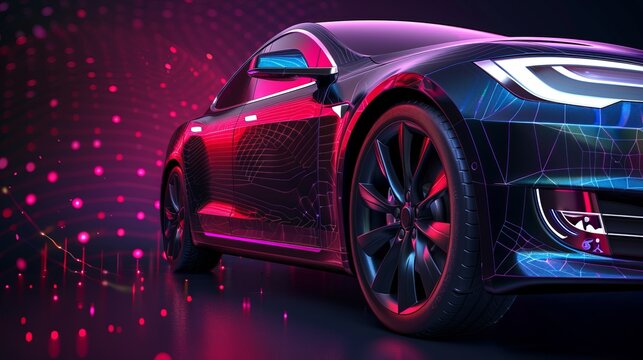 Futuristic electric black car against a holographic wireframe digital technology backdrop - Powered by Adobe