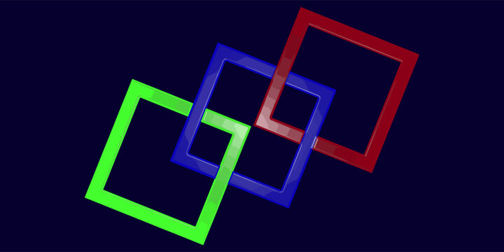 A 3D rendered repeating interlaced diamond pattern in red, blue and green