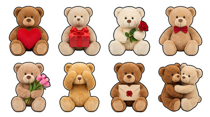 Valentine teddy bear set including heart, gift box, rose, bowtie, tulips, and letter variants isolated. Cute plush toy character collection for holiday greetings.