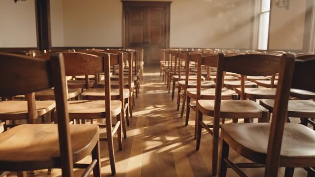 Empty Wooden Chairs in a Sunlit Hall